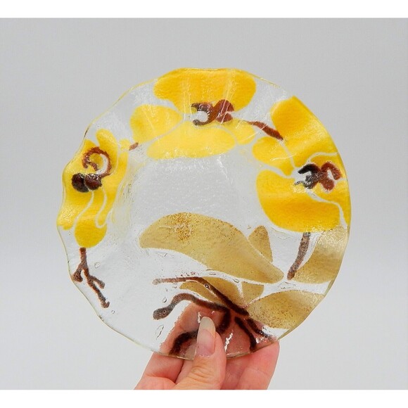 Sydenstricker Fused Glass Yellow Orchid Flower Ruffled Bowl Trinket 6-3/4 Inch - Picture 6 of 6